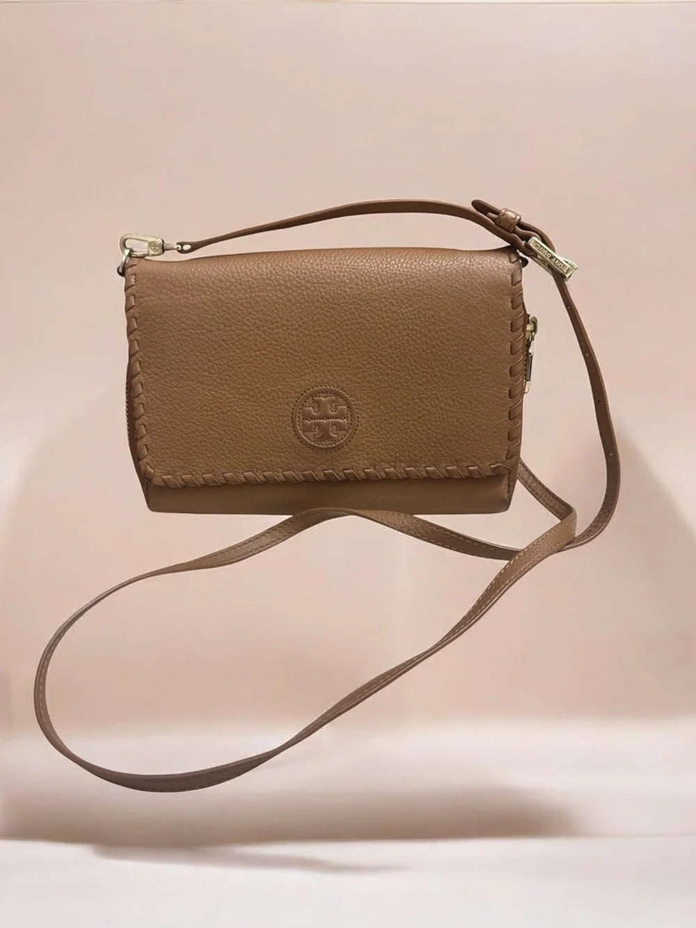 Tory Burch Tan Whipstitch Pebbled Leather Crossbody and Dust Bag - Picture 3 of 7